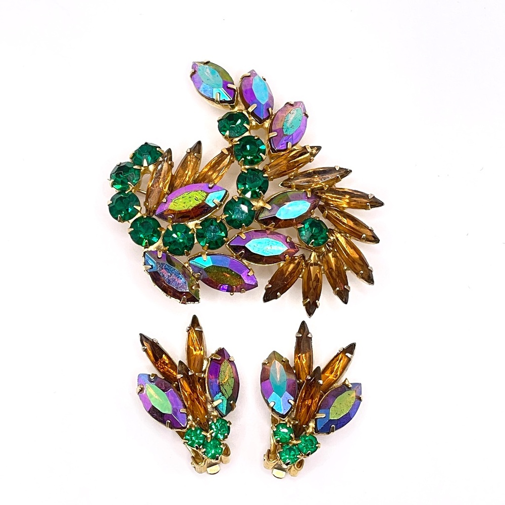 Vintage Colorful Rhinestone Pin Brooch Clip Earrings Jewelry Set